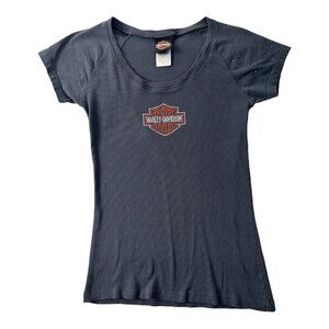 Harley Davidson Women Large T Shirt Bedazzled Badass Adamec Jacksonville FL Blue